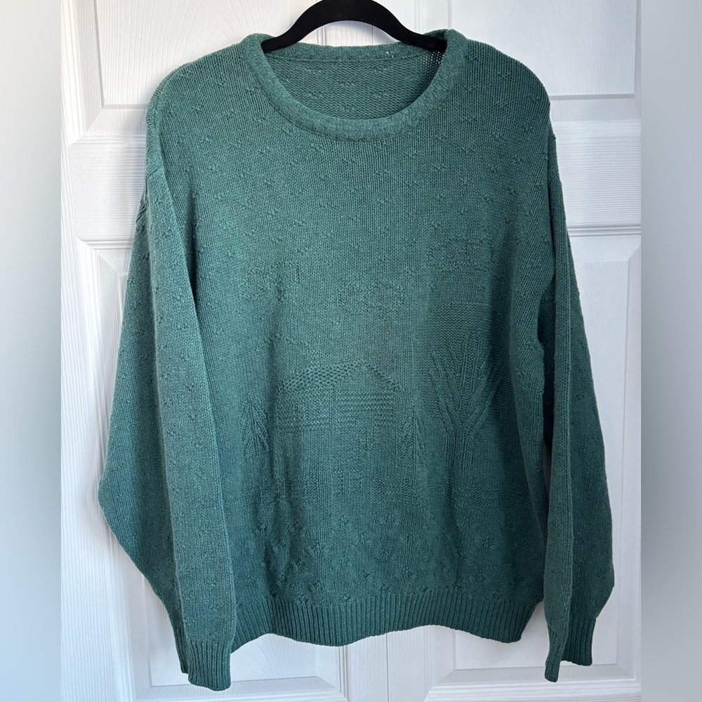 Elegant Log Cabin Green Crew Neck Knit Sweater